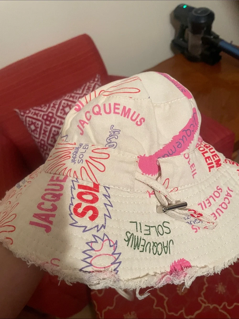 Designer inspired Beige Bucket Hat with Pink & Purple Graphic Print